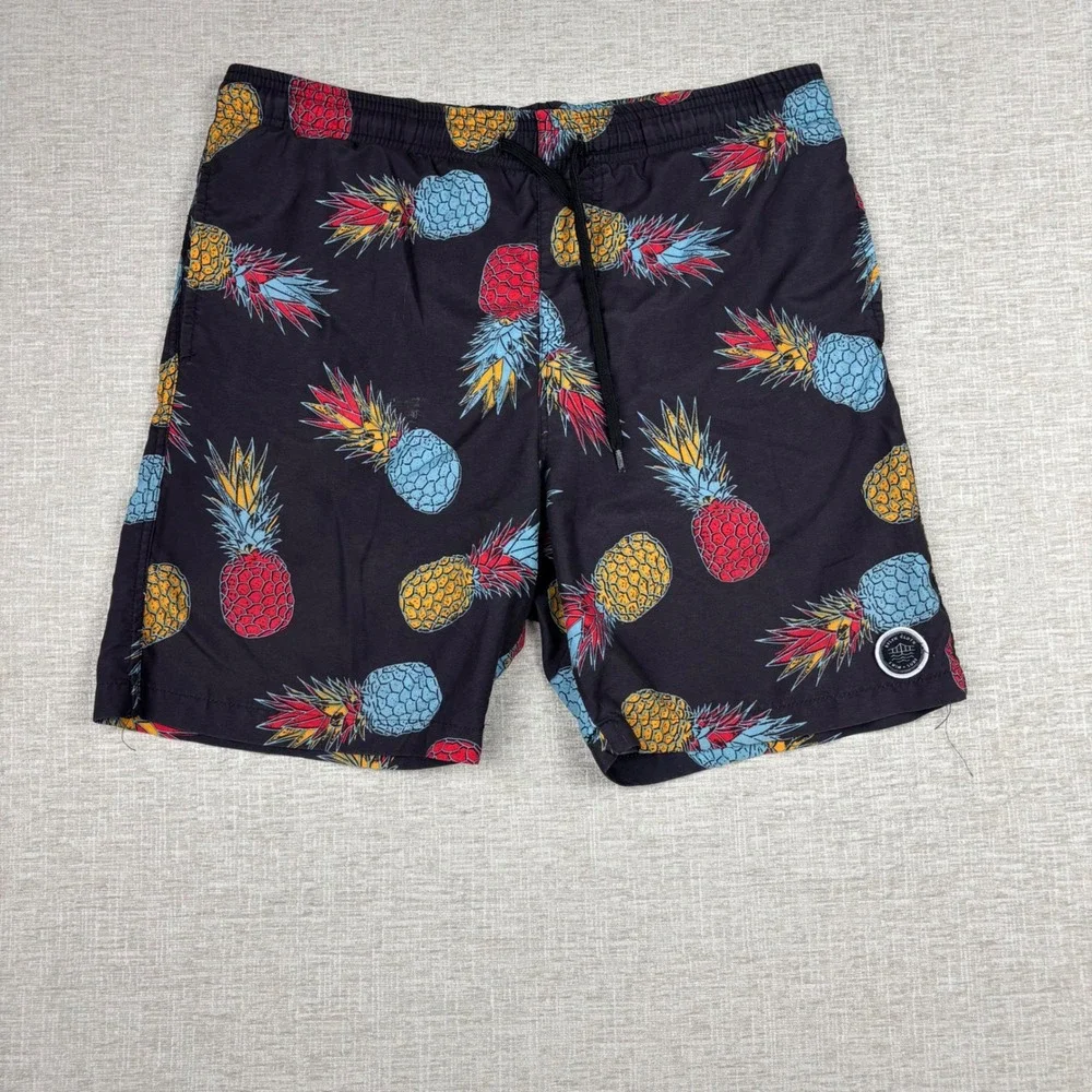 Brooklyn Cloth Mens Kent Ave Volley Swim Trunks Black Pineapple Print Small